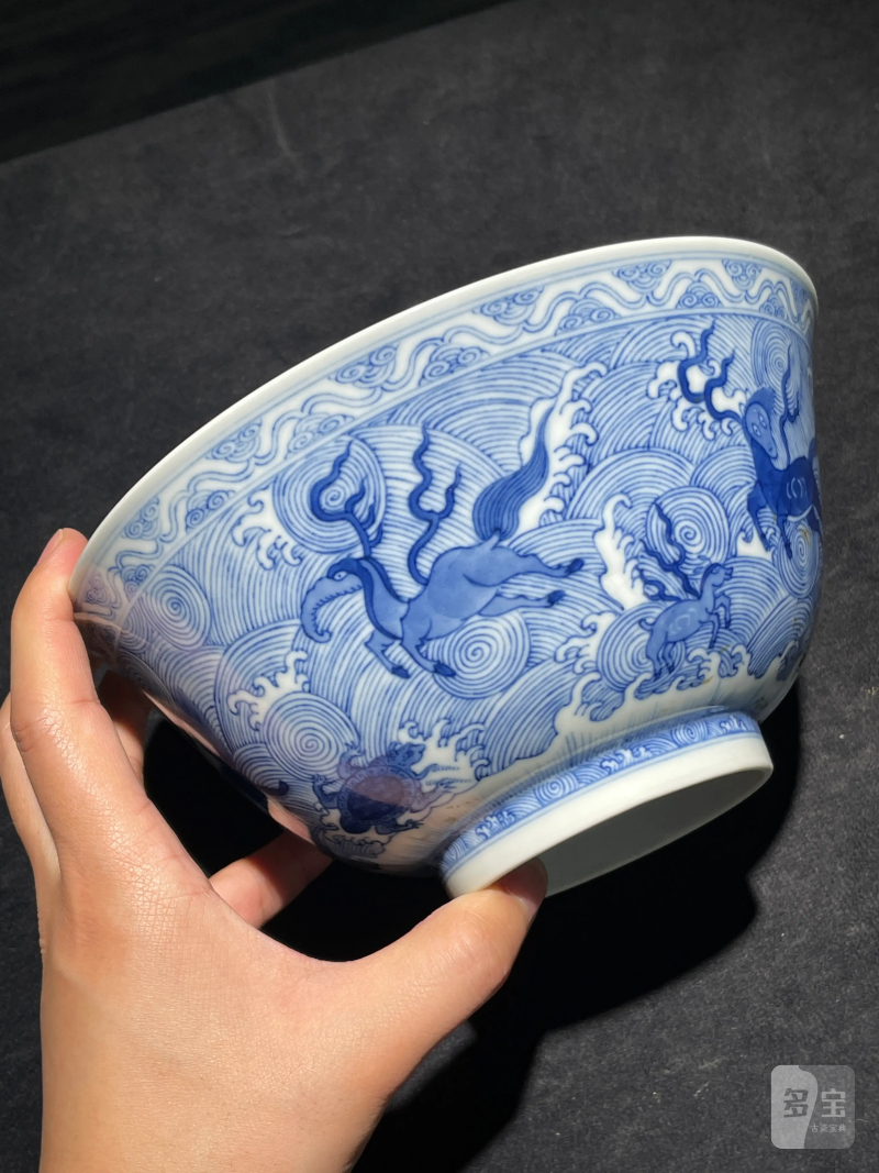 清道光 青花海八怪大碗一对 - 图2